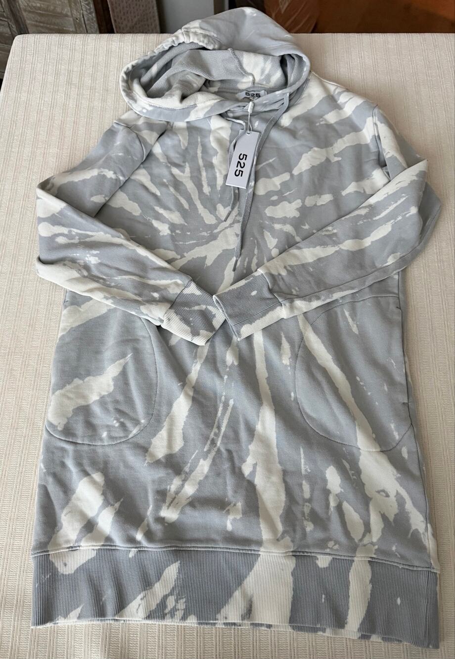 NWT 525 America Tie Dye Hoodie Dress Grey White Cotton Sweatshirt Mini Small S